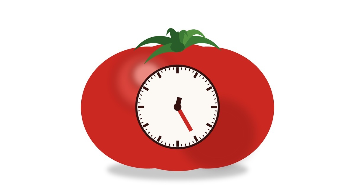 Illustration of a red tomato viewed from the side with an analog clock face on it, the minute hand at 25 minutes, representing the Pomodoro Method's 25-minute work interval