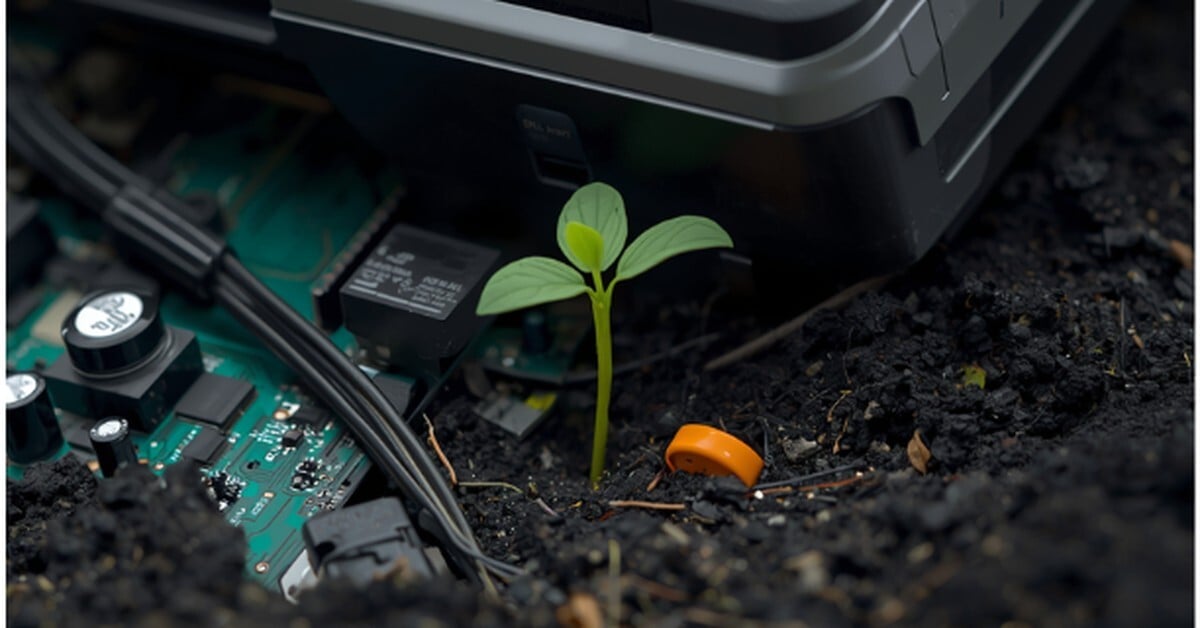 A seedling sprouting from dark soil between a discarded inkjet printer and circuit board, illustrating the environmental impact of e-waste
